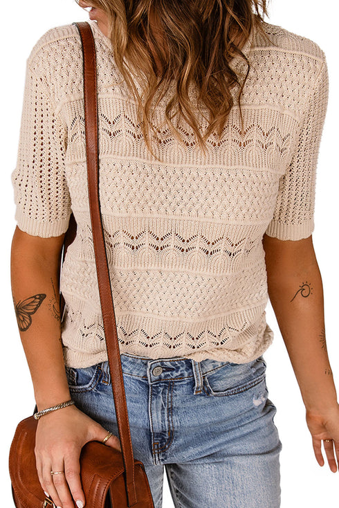 Apricot Crochet Hollow-Out Short Sleeve T-Shirt