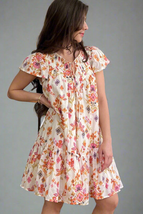 Apricot Floral Geometric Print Ruffled Trim Flutter Sleeve Mini Dress