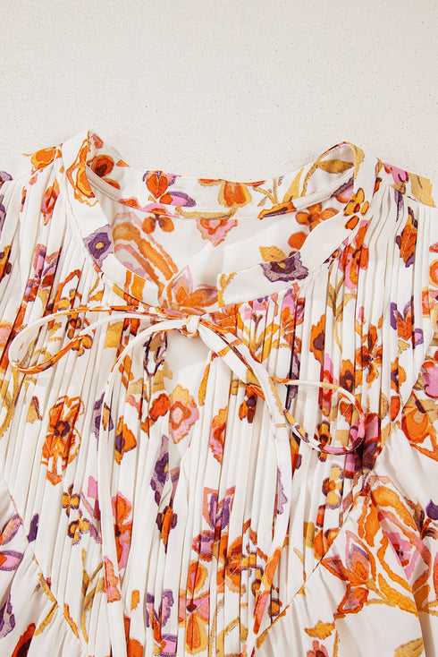 Apricot Floral Geometric Print Ruffled Trim Flutter Sleeve Mini Dress