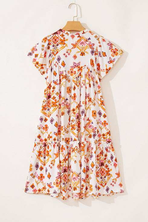 Apricot Floral Geometric Print Ruffled Trim Flutter Sleeve Mini Dress