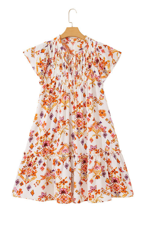Apricot Floral Geometric Print Ruffled Trim Flutter Sleeve Mini Dress