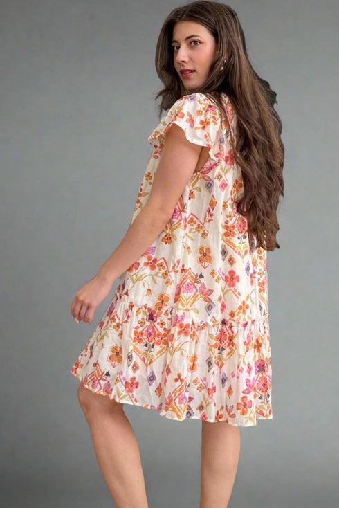 Apricot Floral Geometric Print Ruffled Trim Flutter Sleeve Mini Dress