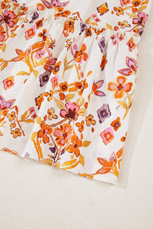 Apricot Floral Geometric Print Ruffled Trim Flutter Sleeve Mini Dress
