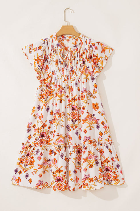 Apricot Floral Geometric Print Ruffled Trim Flutter Sleeve Mini Dress