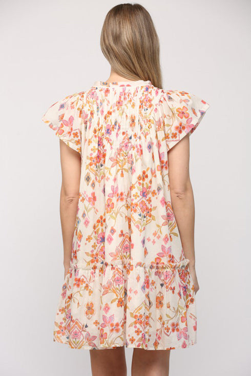 Apricot Floral Geometric Print Ruffled Trim Flutter Sleeve Mini Dress