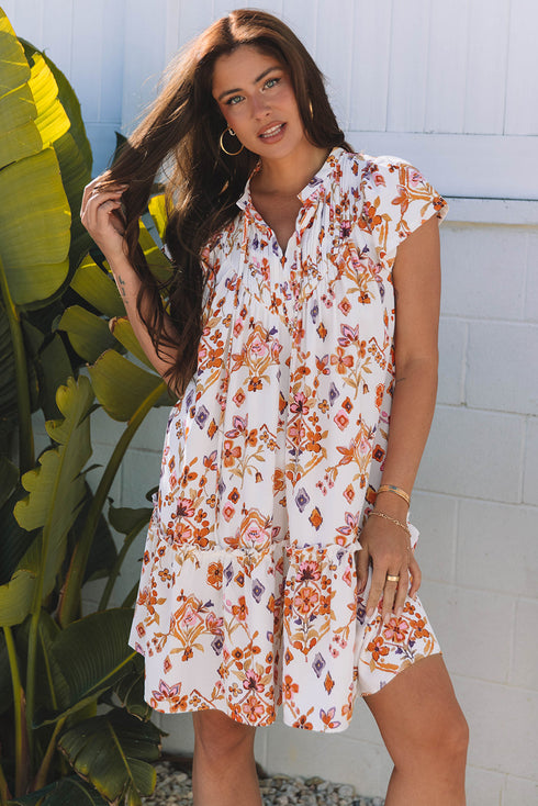Apricot Floral Geometric Print Ruffled Trim Flutter Sleeve Mini Dress