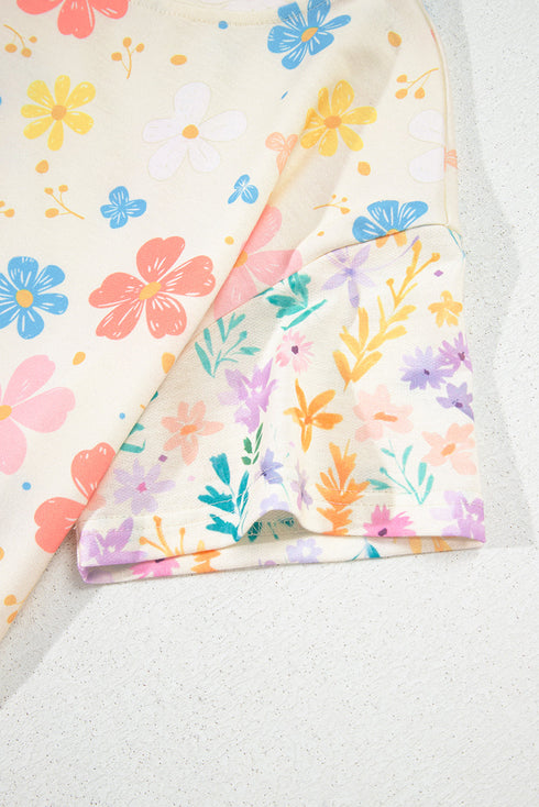 Apricot Floral Print Crop Top Wide Leg Short Set