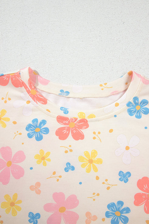 Apricot Floral Print Crop Top Wide Leg Short Set