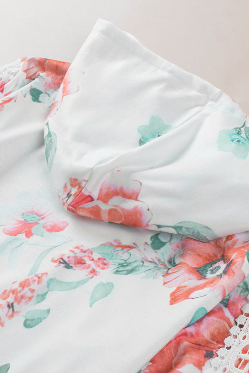 Apricot Floral Print Lace Contrast Long Sleeve Hoodie