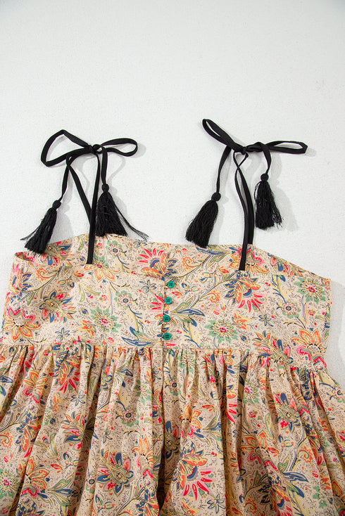 Apricot Floral Print Spaghetti Straps Ruffled Peplum Tank Top