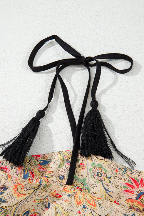 Apricot Floral Print Spaghetti Straps Ruffled Peplum Tank Top