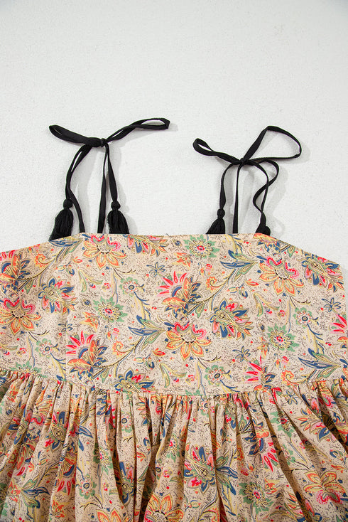 Apricot Floral Print Spaghetti Straps Ruffled Peplum Tank Top