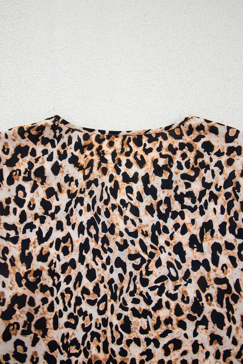 Apricot Leopard V Neck Half Sleeve Blouse
