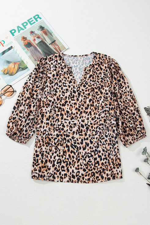 Apricot Leopard V Neck Half Sleeve Blouse
