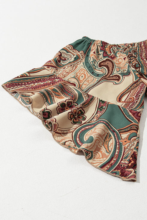 Apricot Paisley Printed Shirred Off Shoulder Ruffled Draped Sleeve Blouse