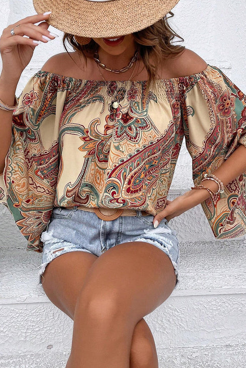 Apricot Paisley Printed Shirred Off Shoulder Ruffled Draped Sleeve Blouse