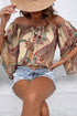 Apricot Paisley Printed Shirred Off Shoulder Ruffled Draped Sleeve Blouse