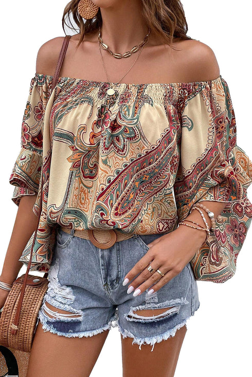 Apricot Paisley Printed Shirred Off Shoulder Ruffled Draped Sleeve Blouse