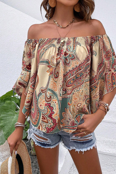 Apricot Paisley Printed Shirred Off Shoulder Ruffled Draped Sleeve Blouse