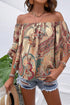 Apricot Paisley Printed Shirred Off Shoulder Ruffled Draped Sleeve Blouse
