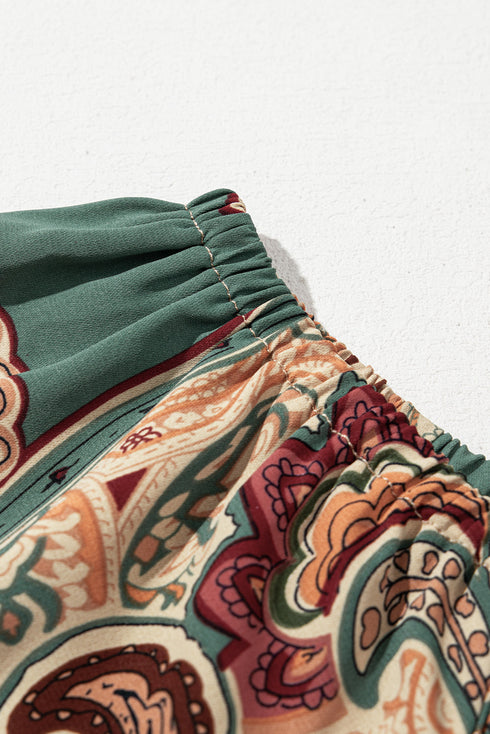 Apricot Paisley Printed Shirred Off Shoulder Ruffled Draped Sleeve Blouse