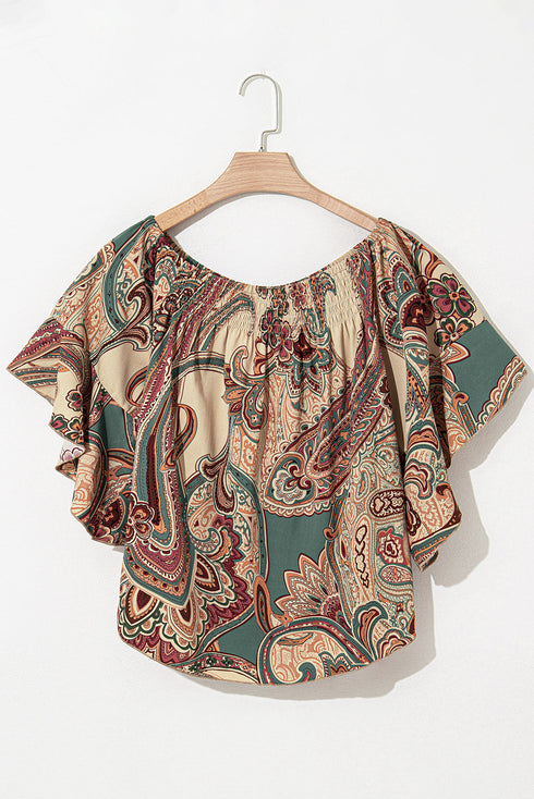 Apricot Paisley Printed Shirred Off Shoulder Ruffled Draped Sleeve Blouse