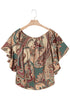 Apricot Paisley Printed Shirred Off Shoulder Ruffled Draped Sleeve Blouse