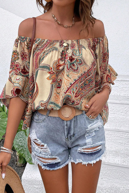 Apricot Paisley Printed Shirred Off Shoulder Ruffled Draped Sleeve Blouse