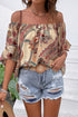 Apricot Paisley Printed Shirred Off Shoulder Ruffled Draped Sleeve Blouse