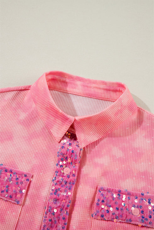 Apricot Pink Mineral Wash Sequin Patchwork Flap Pocket Shacket
