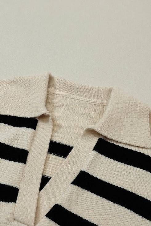 Apricot Striped Knit Drop Shoulder Collared V Neck Sweater