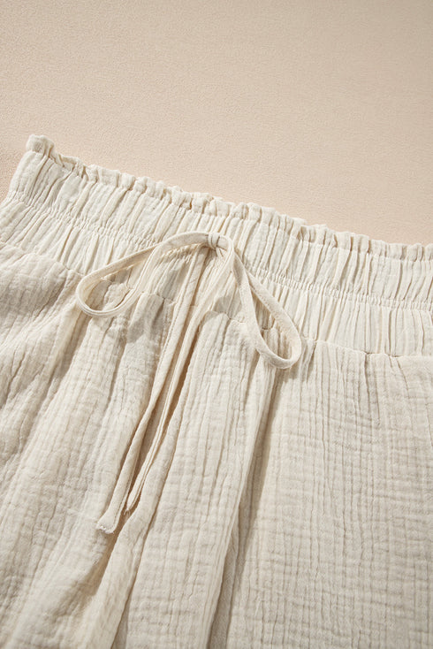 Apricot Textured Frilled Knotted High Waist Lace Hem Shorts