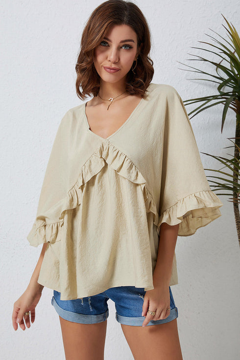 Apricot V Neck Draped Batwing Sleeve Ruffle Top