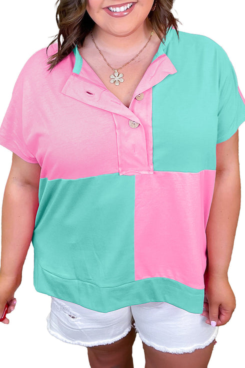 Artful Blocking Patchwork Short Sleeve Plus Henley Top