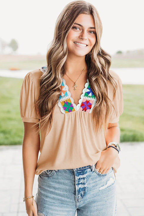 Artisan Bloom Crochet Trim Ribbed V Neck Short Sleeve Top