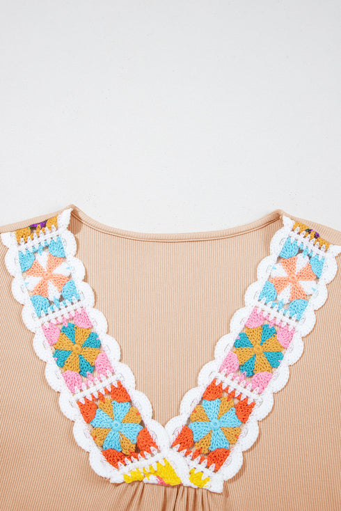 Artisan Bloom Crochet Trim Ribbed V Neck Short Sleeve Top