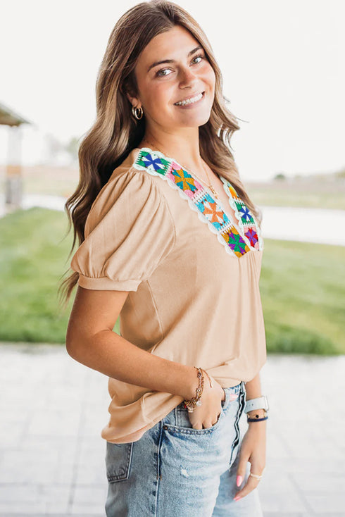 Artisan Bloom Crochet Trim Ribbed V Neck Short Sleeve Top