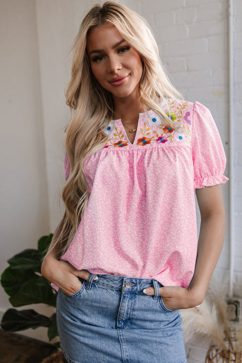 Artisan Floral Embroidery Puff Sleeve Printed V Neck Top