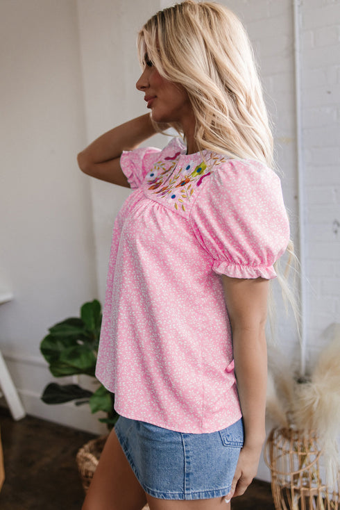 Artisan Floral Embroidery Puff Sleeve Printed V Neck Top