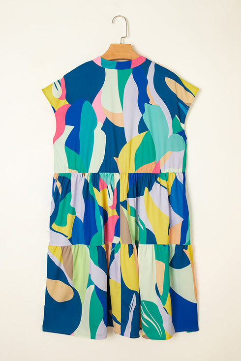 Artistic Abstract Print Split Neck Tiered Babydoll Mini Dress