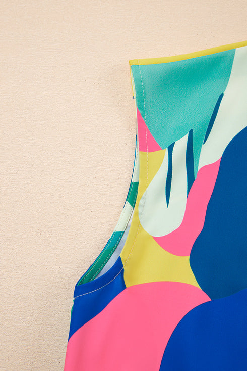 Artistic Abstract Print Split Neck Tiered Babydoll Mini Dress