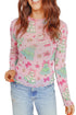 Artistic Abstract Sheer Stand Neck Slim Silhouette Top