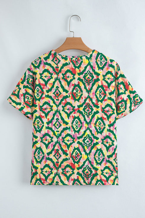 Artistic All Over Abstract Print V Neck Short Sleeve Blouse Top