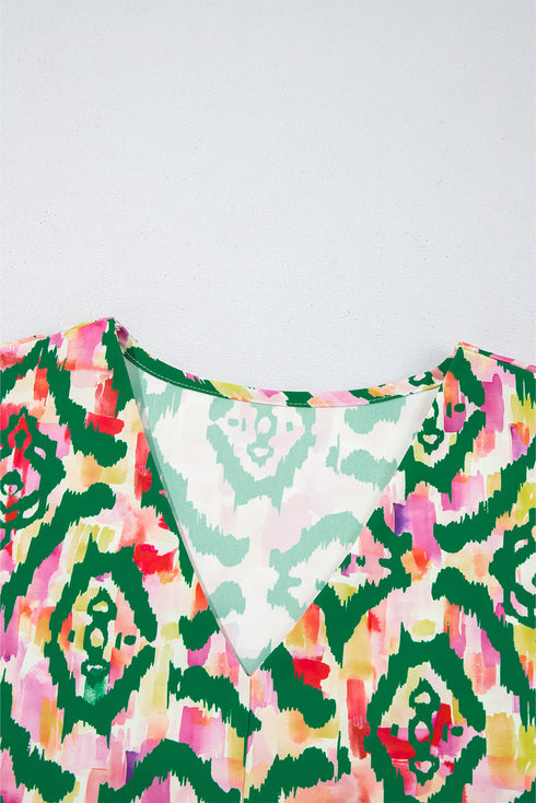Artistic All Over Abstract Print V Neck Short Sleeve Blouse Top