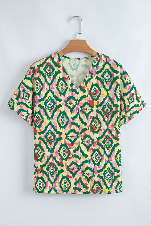 Artistic All Over Abstract Print V Neck Short Sleeve Blouse Top