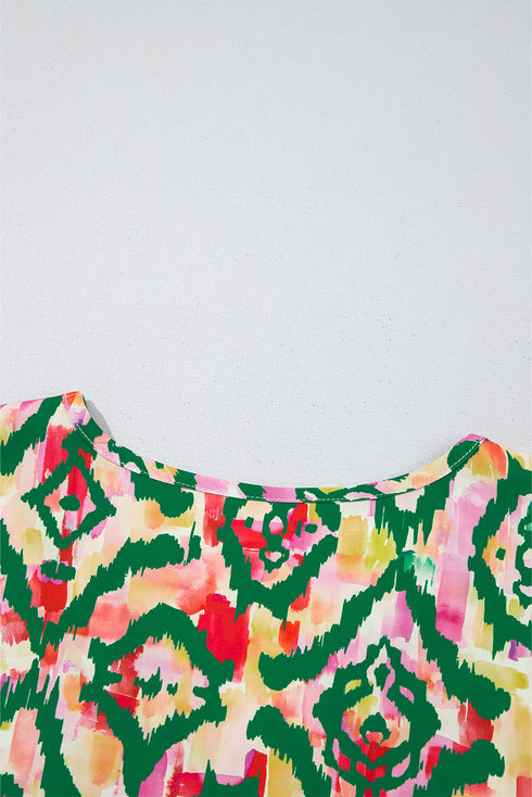 Artistic All Over Abstract Print V Neck Short Sleeve Blouse Top