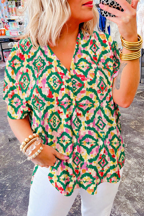 Artistic All Over Abstract Print V Neck Short Sleeve Blouse Top