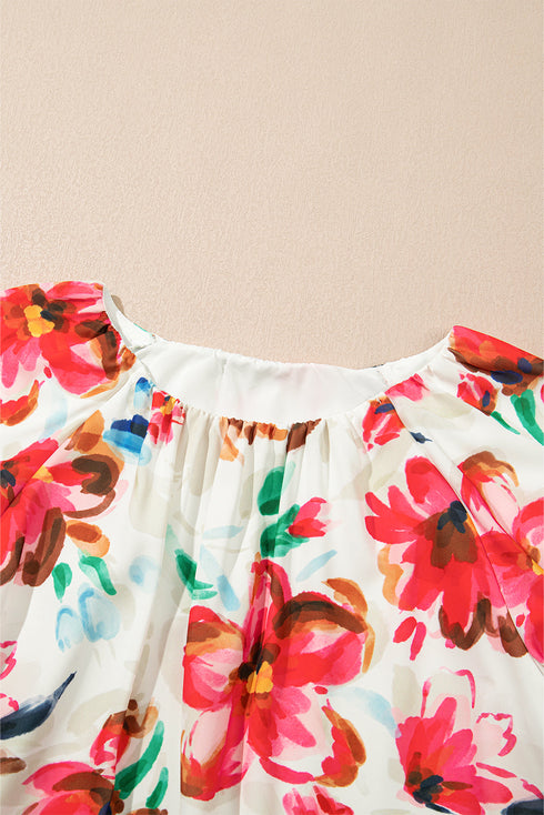 Artistic Brushstroke Floral Print Puff Sleeve Blouse Top