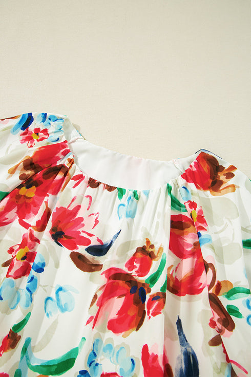 Artistic Brushstroke Floral Print Puff Sleeve Blouse Top