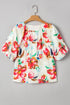 Artistic Brushstroke Floral Print Puff Sleeve Blouse Top